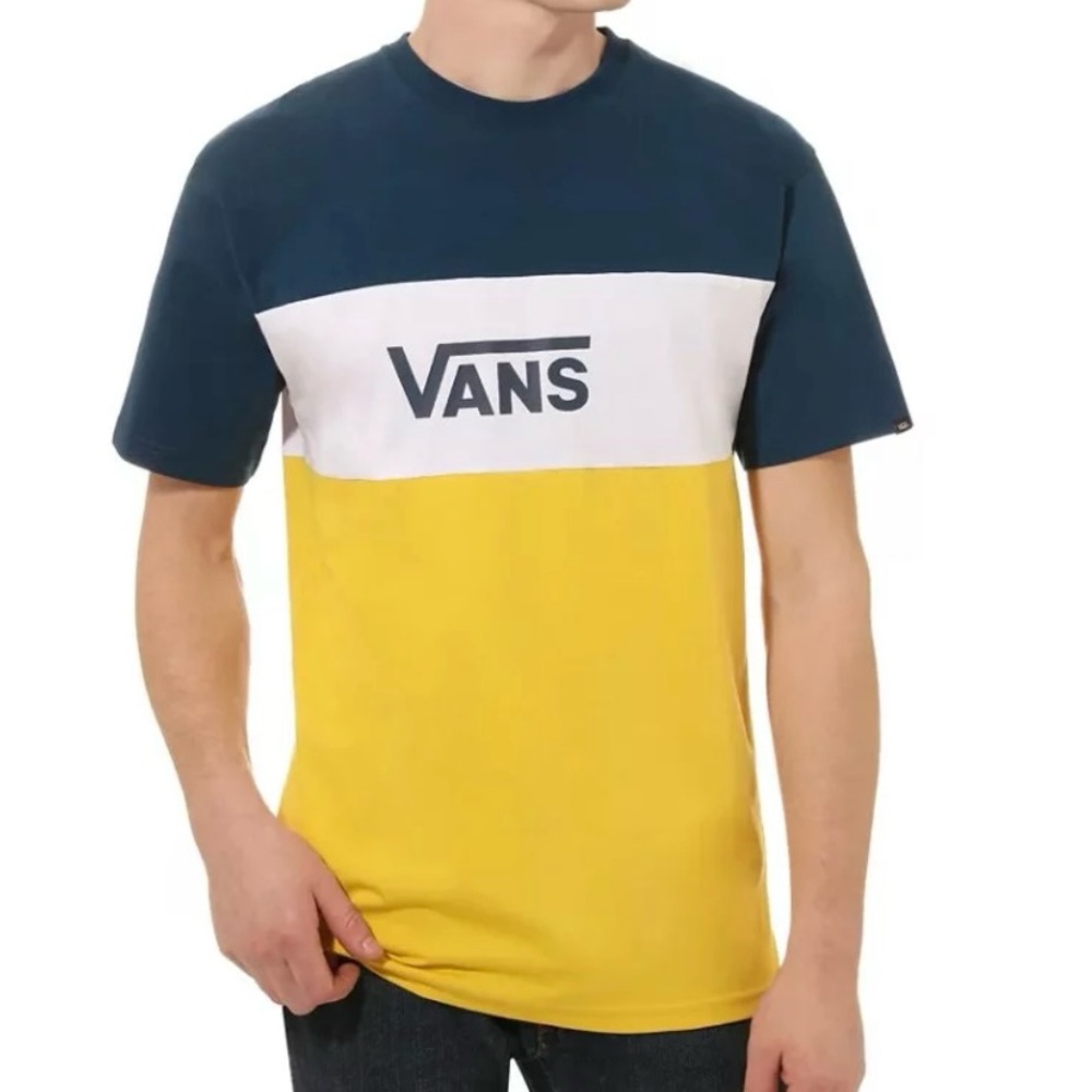 Vans Men's Navy and Yellow Block Tee